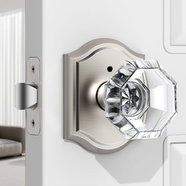 MAXECURITY 1 Pack Glass Door Knob, Octagon Shaped Crystal Door Knobs with Lock, Satin Nickel Door Knobs Interior Glass