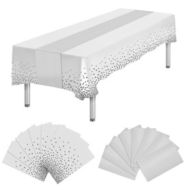 16 Packs Plastic Table Cloth Rectangle Table Disposable and Satin Table Runner, White and Silver Tablecloth Table Runner Cover for Christmas New Year Birthday Wedding Anniversary Party Decorations