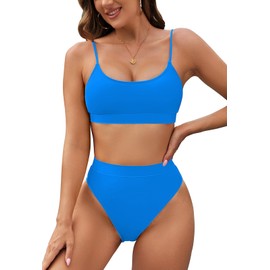 Pink Queen Women's High Waisted Bikini Set Athletic Sporty Cheeky 2 Piece Swimsuit Bathing Suit Bright Blue S