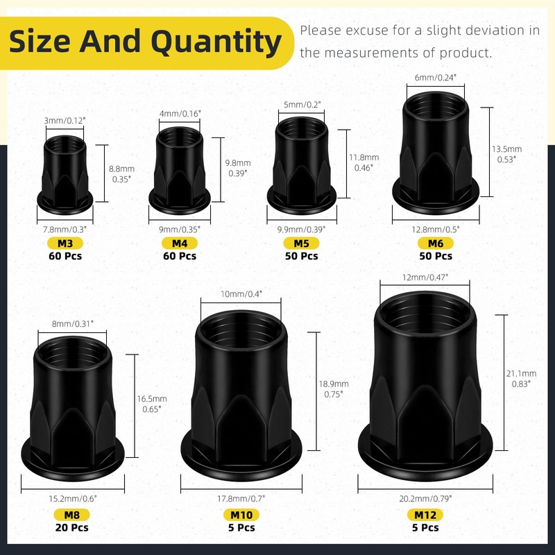 Mardatt 250pcs M3 M4 M5 M6 M8 M10 M12 Metric