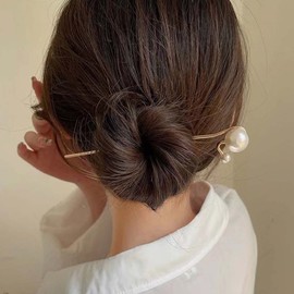 Inateannal Pearl Hair Pins for Styling Vintage Gold Plated Hair Sticks Imitation Beads Hair Sticks Hair Pins Hair Accessories for Women and Girls (Two Large Beads)