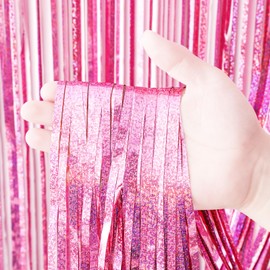 Voircoloria 2 Pack Laser Pink Tinsel Foil Fringe Curtains, Pink Party Decorations, Metallic Tinsel Party Streamers Backdrop for Birthday Bachelorette Baby Shower Graduation Wedding Party Decorations