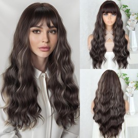 MERISIHAIR Long Brown Wavy Wigs with Bangs for Women 26inch Brown Mixed Blonde Curly Wavy Wig Natural Looking Synthetic Heat Resistant Fiber Wig for Daily Party Use