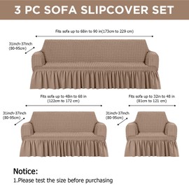 Fanfanwin 3 Pcs Sofa Slipcover Set for Couch Cushion Durable Washable High Elastic Stretchable Furniture Couch Covers with Skirt for Sofa Loveseat Arm Chair(Khaki,Seersucker)