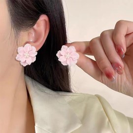 Flower Pearl Earrings for Women Camellia Flower Earrings Flower Stud Earrings Pearl Floral Earrings Black White Pink Earrings Pearl Wedding Earrings Christmas Gifts for Bride Girls