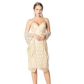 Metme Women's 1920s Scarf Wraps Sequin Deco Fringed Wedding Cape Evening Shawl Vintage Prom (Apricot)