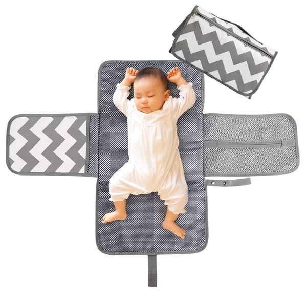 LEADSTAR Portable Nappy Changing Mat, Diaper Changing Pad with Head Cushion Pockets, Waterproof Foldable Infant Baby Changing Pad Kit for Home Travel Outside (Grey)