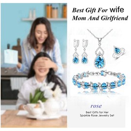 LMXXVJ Juego de joyas para mujer, collar chapado en platino, anillo abierto, pulsera, cumpleaños, aniversario, día de la madre, regalo de joyería para mamá, esposa, hermana, mejor amiga, Cobre, Zafiro azul creado