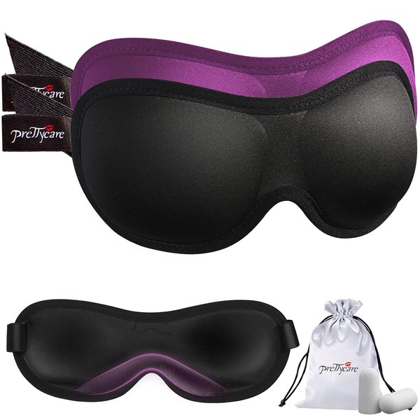 PrettyCare 3D Sleep Mask 2 Pack,Eye Mask for Sleeping 3D Contoured Sleeping Mask Blackout Out Light - Blindfold Airplane with Ear Plugs, Night Masks with Travel Bag (Purple＆Black)