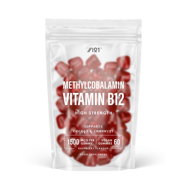 Vitamin B12 Gummies 1,500mcg (per Gummy) - High Strength Methylcobalamin Supplement - Non-GMO, Gluten Free, Raspberry Flavour - 60 Vegan Gummies