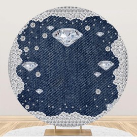 YongFoto Denim and Diamonds Round Backdrop Cover 7.5ft Blue Jeans Inlaid Rhinestone Photography Background Wedding Woman Birthday Party Banner Decoration Portrait Photoshoot Photo Studio Booth Props
