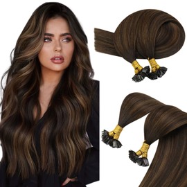 Sunny Hair Flat Tip Hair Extensions Human Hair Keratin Hair Extensions Invisible Fusion Hair Extensions Human Hair Real Hair Extensions for Women 50G/50S Dark Brown to Medium Brown Balayage 24inch