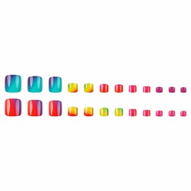 MISUD Colorful Press on Toenails Glossy Fake Toe Nails Glue on Nails Summer Acrylic Toe Fake Nails Supplies Rainbow Ombre False Toenails Art with Design Full Cover Press-on Toe Nails DIY 24pcs
