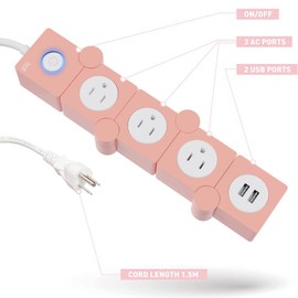 iJoy Flexible Power Strip- 3 AC Outlets and 2 USB Charging Ports with 5 Ft Extension Cord- Decorative Surge Protector Outlet Extender for Home Office, Dorm, Room and More (Pink)