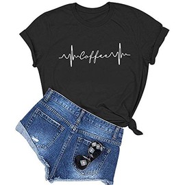 YITAN Women Coffee Graphic Cute T Shirts Funny Ideas Black Medium