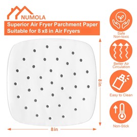 Numola 100 Pcs Air Fryer Liners Disposable Parchment Paper, 8 Inch Perforated Airfryer Sheets for Baking, Square Non-Stick Steamer Liner for Oven, Microwave, Steaming Basket