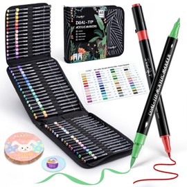 JusArt 48 Colors Acrylic Paint Markers, Dual Tip with Brush Tip and Fine Tip Paint Pens for Rock Painting, Wood, Egg, Canvas, Glass, Stone, Ceramic, DIY Crafts Professional Art Supplies with Bag