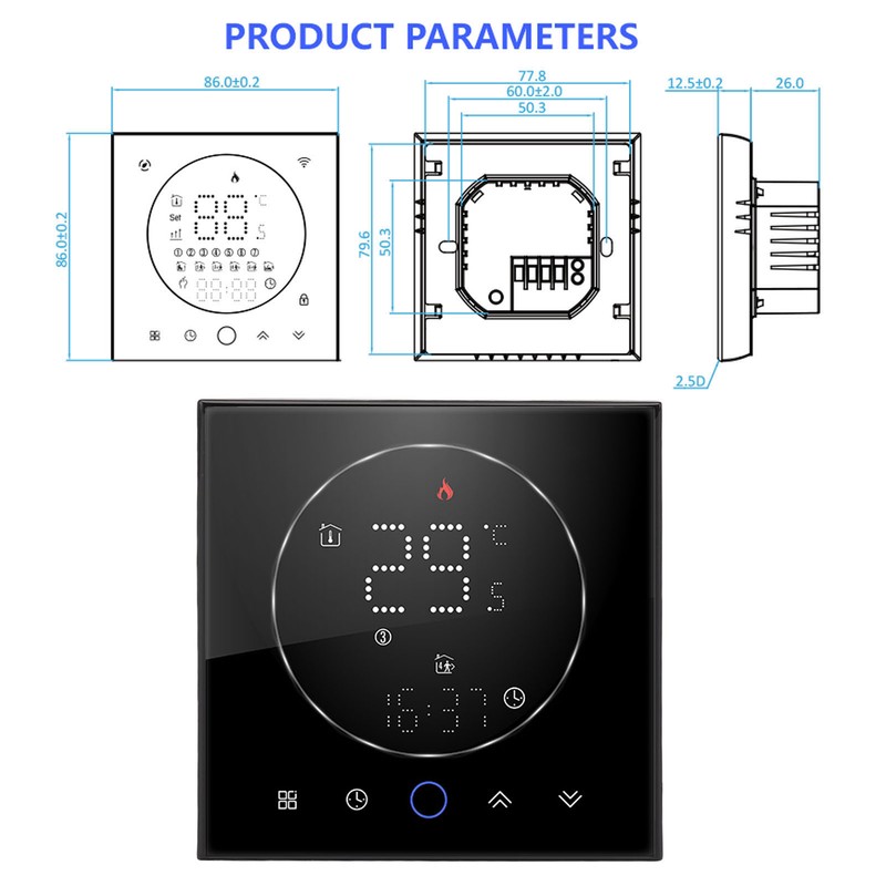 Smart Thermostat LED Screen Water Heating Control 13mm Recessed Wireless