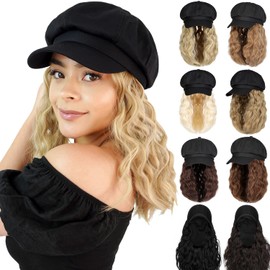 Qlenkay Newsboy Cap with Bob Hair Extensions Black Hat Wig 8 Panel Visor Beret Attached Synthetic 14'' Short Curly Wavy Hairpiece for Woman Bleach Blonde