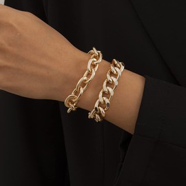 fxmimior Boho Fashion Dainty Simple Gold Silver Chain Beads Bracelets Set for Women Adjustable Beaded Chunky Flat Cable Chain Punk Bracelets Jewelry for Women Set of 2(Gold)