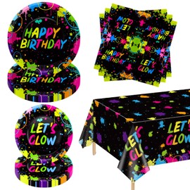 61 Pieces Glow Neon Party Supplies - Glow in the Dark Birthday Plates, Fluorescence Napkins, Neon Tablecloth for Blacklight Neon Party Decorations, Serve 20 Guests