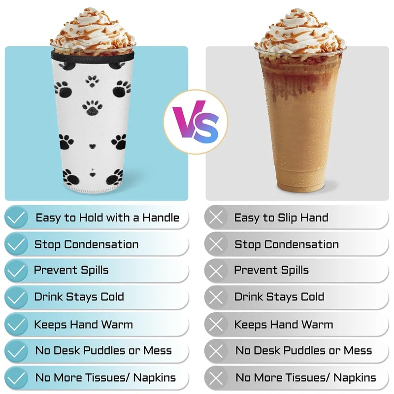 Reusable Iced Coffee Sleeve with Handle, Dog Footprints Coffee Cup