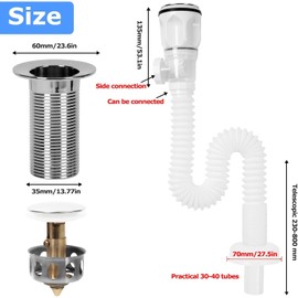 Bathroom Sink Drain Kit with Pop Up Drain Stopper, Expandable P-Trap Sink Drain Pipe Tube Anti-Odor Bathroom Sink Drain for 1-1/4'' & 1-1/2'' Drain Holes, 3-in-1 Sink Drain Strainer, Anti-Clogging