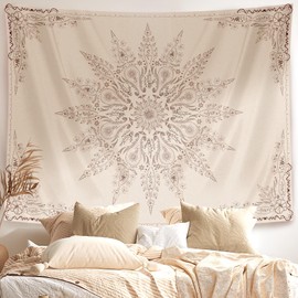 Damanse Damanse Floral Bohemian Tapestry-Flower Aesthetic Tapestry-Indian Wall Hanging Boho Tapestries-Small Mandala Room Decor-Tapestry for Bedroom Living Room Dorm(Flaxen, 47.20" x 34.80")