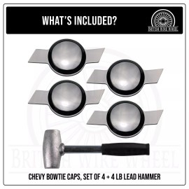 British Wire Wheel Chevy Bowtie Chrome Knock Off Spinner Caps for Lowriders, Set of 4 + Lead Hammer