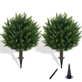 Chillchard Set of 2 Artificial Boxwood Ball Trees for Outdoor with Spike, UV Resistant Faux Topiary Ball, Fake Plants Greenery Round Shrubs Bushes for Entryway Front Porch Decor