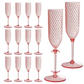 24 Pack Pink Detachable 2 piece Champagne Flutes 5.5 Oz Unbreakable Plastic Mimosa Disposable Champagne Glasses Drinking Cups Stemmed Reusable Wine Toasting Glasses for Wedding (24, Clear Pink)