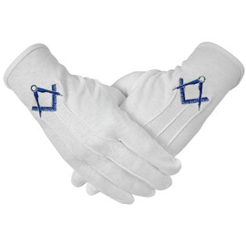 deDecoml Masonic Gloves Embroidered With Navy Blue Square & Compass Cotton