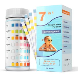 Pool and Spa Test Strips Hot Tub Test Strips, 100 Strips Pack for pH,Free Chlorine, Bromine, Cyanuric Acid, Total Alkalinit and Total Hardness of Water, Accurate 7 in 1 Pool Water Test Strips Kit