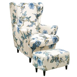 Alishomtll 3-Piece Wing Chair Cover with Ottoman Protective Cover Stretch Armchair Throws Elastic Armchair Cover Strandmon Tiger Chair Cover with Armrest High Backrest Universal (Blue Flowers)