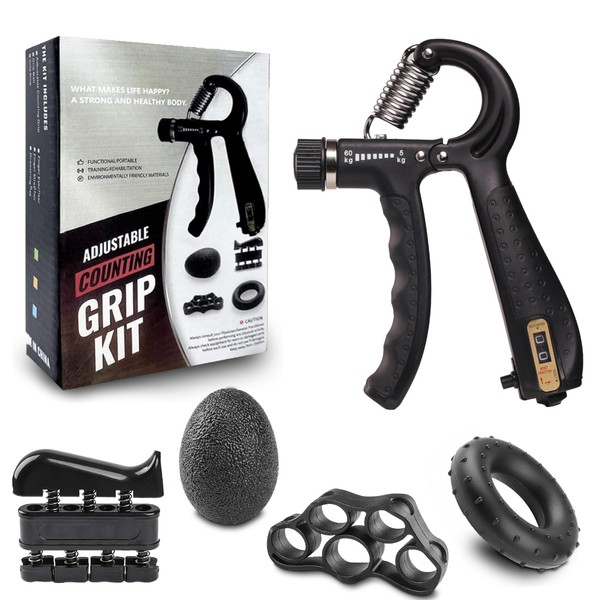 Grip Strength Trainer Kit (5 Pack) w/Counter, includes Forearm Adjustable Hand Gripper Strengthener, Finger Exerciser, Hand Grip Strengthener, Grip Ring & Hand Exercise Ball for Forearm Workout