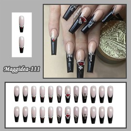 Black False Nails, Press on Nails Long Acrylic Stick on Nails, 24pcs Coffin Planet Design Fake Nails with Glue Sticker for Women and Girls Fashion Nail Tips Cool Nails (Red Saturn)