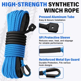HOKINETY Synthetic Winch Rope Kit - 1/4" x 50' 10000 lbs Synthetic Winch Cable for ATV UTV Off-Road Vehicles with Forged Hook, Rubber Stopper, Protective Sleeve and Safety Pull Strap - Blue