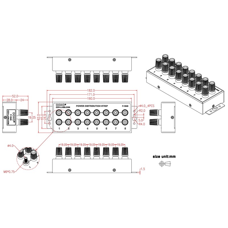 Banana Jack 8 Outlet DC Power Distribution Strip (Without Cable)