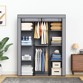 HODYANN Portable Closet, Wardrobe Closet with 10 Storage Shelves and 2 Hanging Rods, Non-Woven Fabric Cover, 52.4 x 18.1 x 66.6 Inches Closet Organizer for Bedroom, Gray