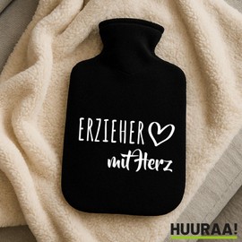 Huuraa Wärmflasche Erzieher mit Herz Geschenk 1,8 Liter Black Classic Veloursbezug Erzieher Präsent