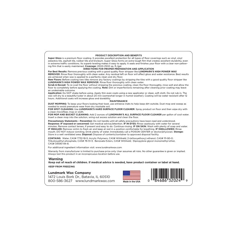 Lundmark Super Gloss Acrylic, Extra Heavy-Duty Hard Finish Floor Wax,