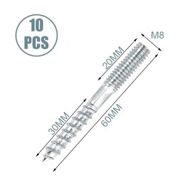 Jinsion Pack of 10 hanger bolts M8 x 60 mm, double-sided dowel screws with hexagonal part, spacer screws, galvanised steel, threaded screws for easy screwing