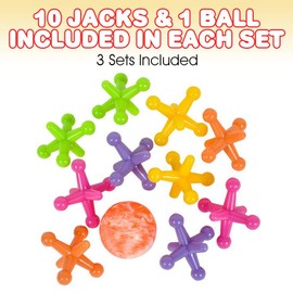 ArtCreativity Large Neon Jacks Game, 3 Sets, Each Set with 10 Plastic Jacks and 1 Marbleized Rubber Ball, Vintage Toys, Fun Activity for Kids, Birthday Party Favors for Boys and Girls