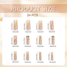 GlamRays Press on Nails Long Square False Nails Glossy 3D Flower Acrylic Nails Gel Glue Nails Full Coverage Autumn Brown French Tip 24 Pieces