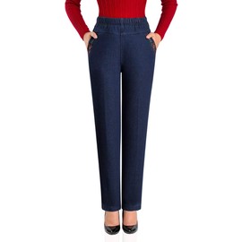 IDEALSANXUN Fleece Lined Jeans for Women Casual Elastic Waist Fall Winter Warm Jeans Denim Pants, #2 Dark Blue, XXL