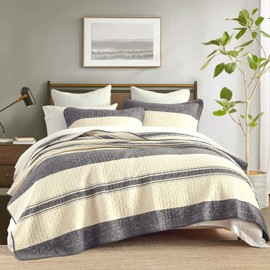 QuiltMuse Cotton Quilt Set King Size - 3 Pieces Dark Grey Quilt Bedding Set, Lightweight Soft King Bedspread for All Seasons, Farmhouse Striped Quilted Coverlet with 2 Pillowshams