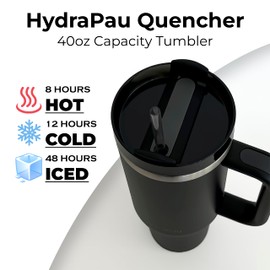 Shoppau HydraPau Quencher 40oz Tumbler With Handle, Lid, Straw - Double Wall Vacuum Insulation - Silicone Straw Grip - Car Cupholder Compatible - Dishwasher Safe - Recycled Stainless Steel (Black)