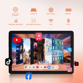 Tablet 10.1-inch Android 14 Tablet - 10GB RAM, 64GB + 256GB Expandable Storage, Octa-Core Processor, 8-Hour Battery, HD 800 x 1280 IPS Touchscreen, Wi-Fi 5 | Bluetooth 5.0, Dual Cameras - Light Blue