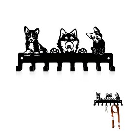 8-Hook Iron Dog Leash Holder for Wall, Cute Puppy Design Wall-Mounted Pet Accessory Organizer, Sturdy Metal Key Hooks for Leashes, Collars, and Harnesses