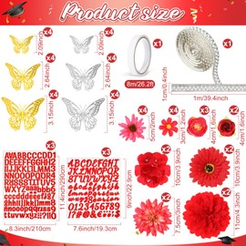 53 Pcs DIY Graduation Cap Decorations Kit, 2026 Grad Cap Topper Include Faux Flowers 3D Butterfly Self Adhesive Pearl Stickers Glitter Alphabet Letter Decals for Party Decor(Red)